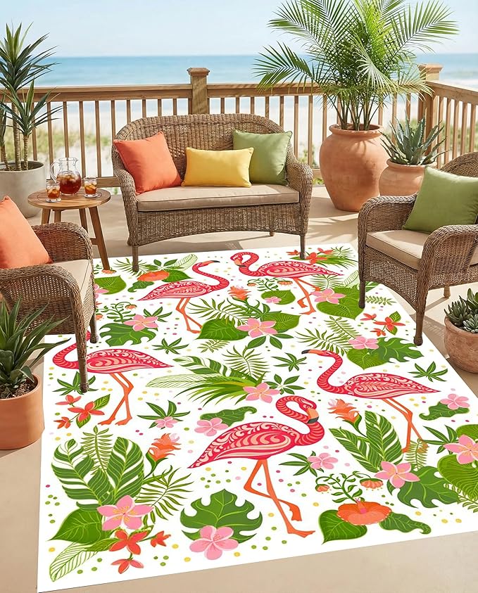 5x8 Pink Green Modern Floral Tropical Outdoor Patio Rug Waterproof Washable Non-Slip Outside Rugs for Balcony Porch Deck Garden Durable Reversible Mat with Flamingo and Flower Pattern