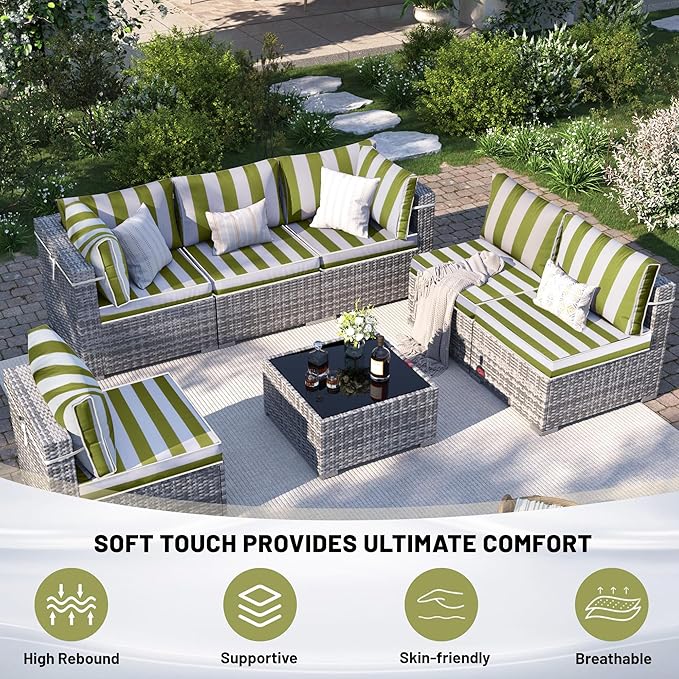 14 Piece Outdoor Sectional Cushions, Water-Resistant Outdoor Sofa Cushions Replacement, 4" High Density Foam Patio Furniture Cushions Fits 6-seat Rattan Conversation Set (Grass Green White Stripes)