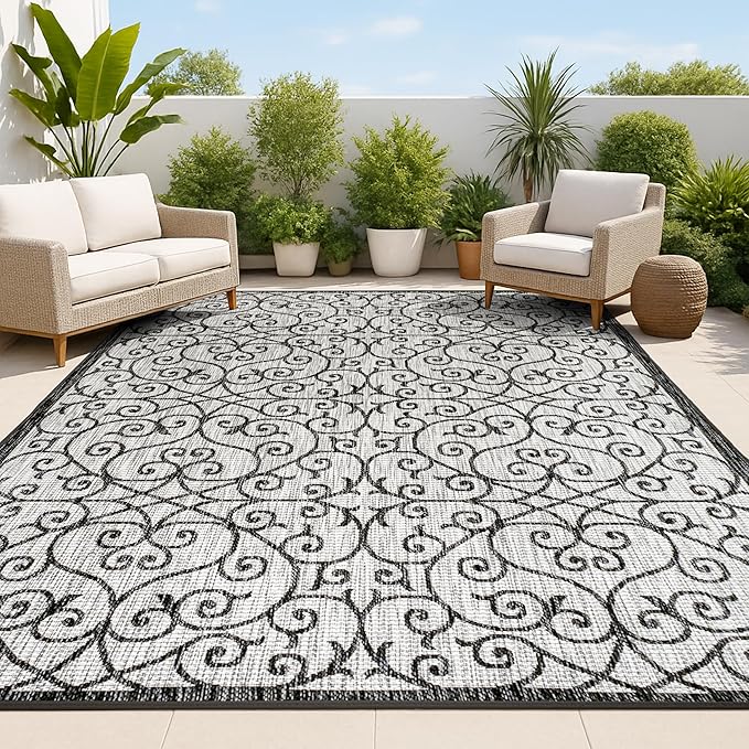 JONATHAN Y Vintage Filigree Indoor Outdoor Area Rug 9X12 Light Gray/Black, Madrid Textured Weave for Backyard, Patio, Porch, Easy-Cleaning, High Traffic, Pet-Friendly, Non-Shedding (SMB107E-9)