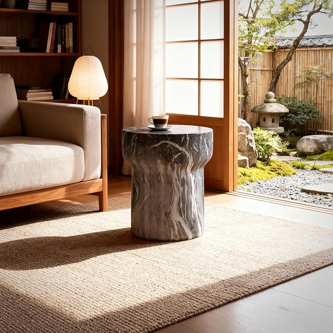 15.55" Cement End Tables for Patio,Faux Terrazzo Modern Small Round Side Accent Table,Tree Stump Garden Stool Drum Indoor and Outdoor,Marble