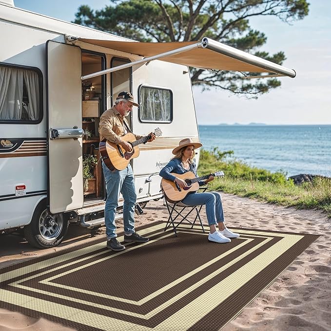 GENIMO 6' x 9' Outdoor Rug Waterproof for Patio Decor, Reversible Plastic Straw Area Rugs Mat for Camper, Outside Carpet for Rv, Deck, Porch, Picnic, Balcony, Mix-Coffee & Beige