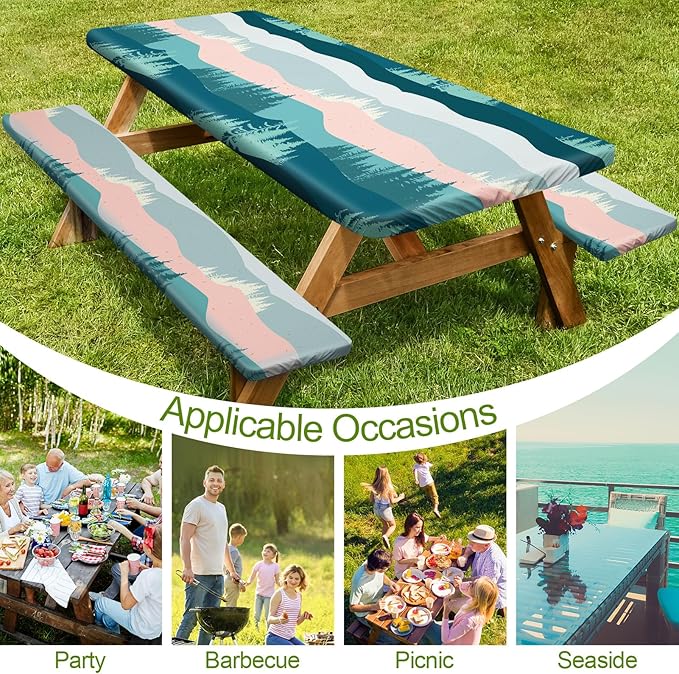 Picnic Table Cover with Bench Covers 6FT 3 Pcs Waterproof Windproof Aesthetic Camping Tablecloth with Drawstring Bag, Fitted for 6 Foot Rectangle Tables and Seats, 72 inch, Pink Green Mountains
