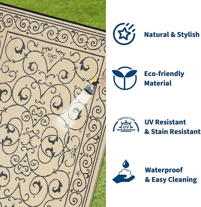 MilleLoomi Outdoor Rug 8x10 Waterproof Patio Rugs Vintage Reversible Mat for Front Door Rv Foldable Plastic Straw Carpet for Travel Trailers, Deck, Picnic, Porch, Camper, Balcony, Beach，Black Beige