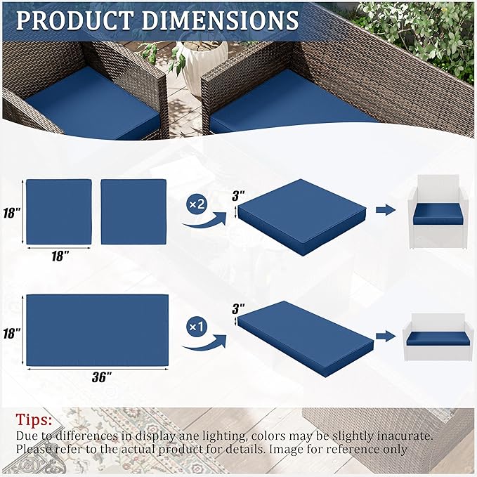 3 Pack Outdoor Replacement Cushions,36L x 18W x 3H,18L x 18W x 3H inch, High-Elastic Replacement Sponge for 4-Seater Water-Resistant Patio/Sofa with Removable Covers (Blue)