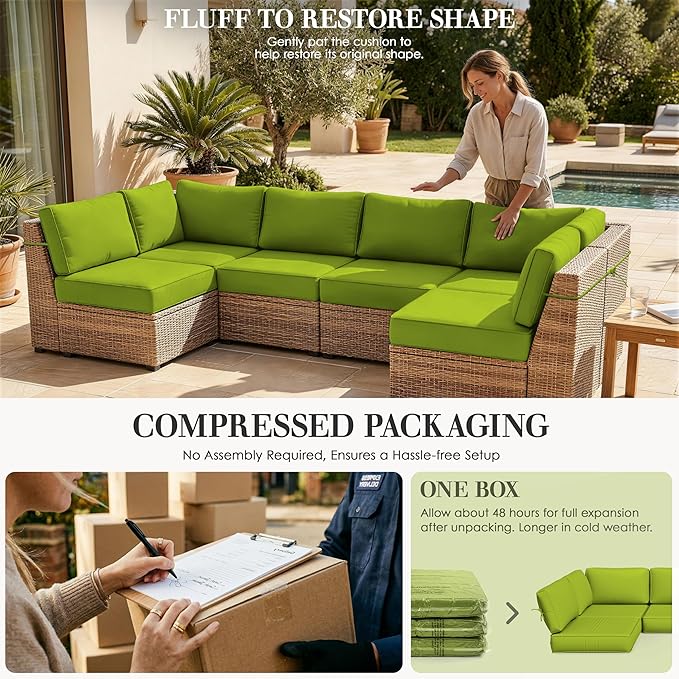 Outdoor Replacement Cushions for Patio Furniture, 5" Foam High-Density, 14-Piece Water-Resistant Outdoor Cushion for 6-Seat Sectional Patio Conversation Sets, Liner&Cover