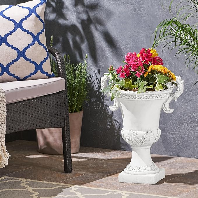 Christopher Knight Home Jorine Patio Planter, Light Concrete Planter, Mid-Centry Gadern Urn, Floral Relif Design, Large Garden Pot, Flower Urn with Drainage Hole for Backyard Home, Antique White
