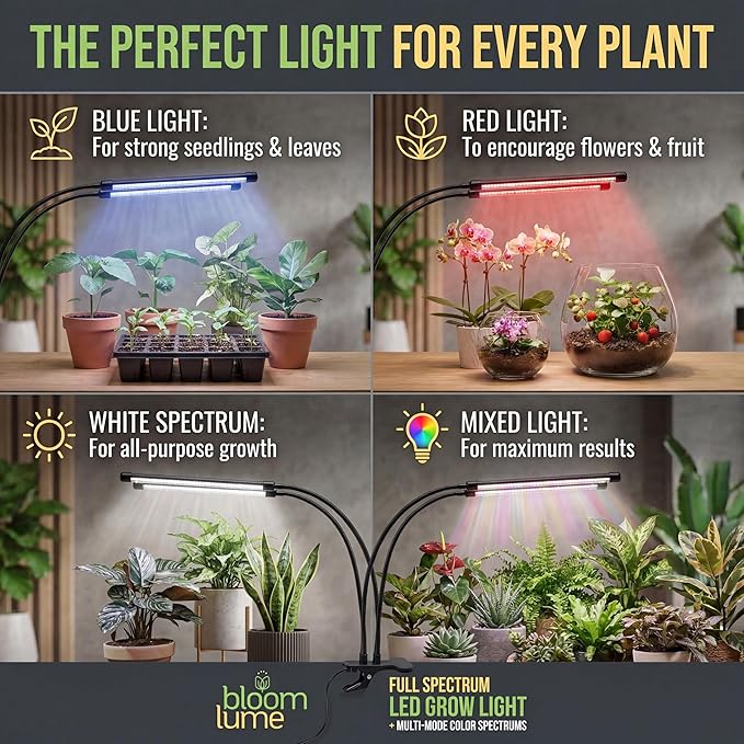 Bloom Lume LED Grow Lights for Indoor Plants Full Spectrum - Features Multi Mode Color Spectrums, Dimmable, Auto Timer, Clip on Goosneck Plant Lamp