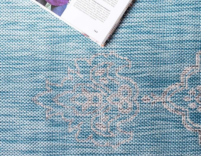 Unique Loom Outdoor Traditional Collection Area Rug - Antique (7' 1" x 10' Rectangle, Light Aqua/ Gray)