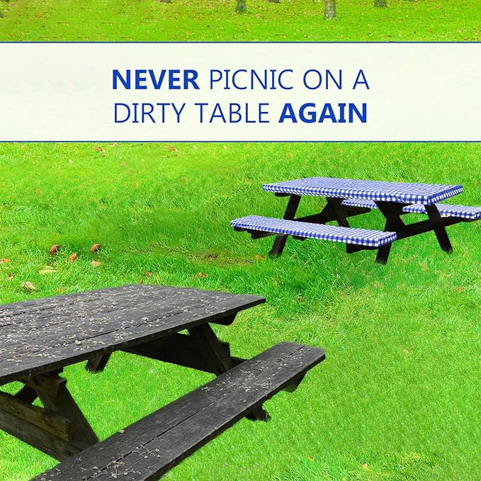 LINPRO 6ft Picnic Table Cover with Bench Covers Vinyl Fitted Picnic Table Covers with Elastic Camping Essentials and Picnic Tablecloth and RV Accessories