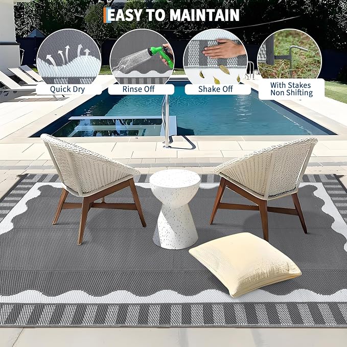 9x12 Outdoor Rug Waterproof Foldable Plastic Straw Carpet for Patio Porch Scalloped Border Reversible Mat Lightweight Floor Mat for Picnic, Backyard, Rv, Beach, Deck, Camper, Balcony，Grey