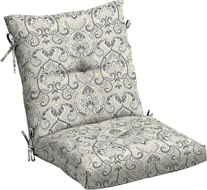 Arden Outdoor Plush Modern Tufted Blowfill Dining Chair Cushion, 21 x 40, Water Repellent, Fade Resistant, Tufted Cushion for Dining and Bistro Chairs, Neutral Aurora Damask