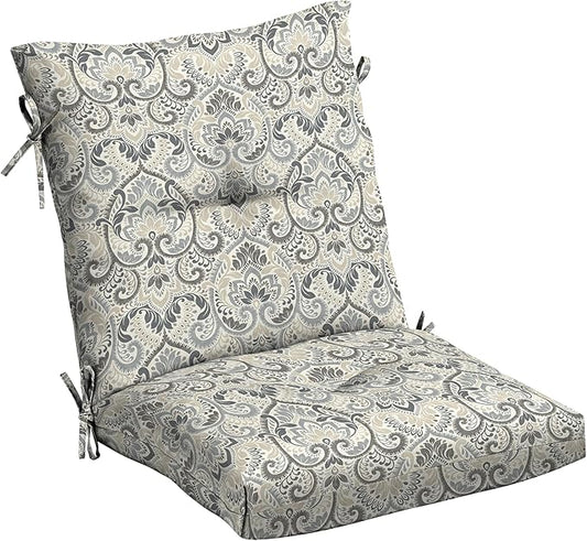 Arden Outdoor Plush Modern Tufted Blowfill Dining Chair Cushion, 21 x 40, Water Repellent, Fade Resistant, Tufted Cushion for Dining and Bistro Chairs, Neutral Aurora Damask