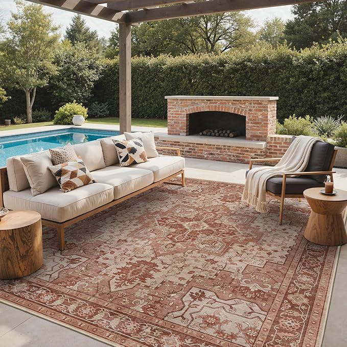 GENIMO Outdoor & Indoor Area Rug 8'x10', Waterproof, Non-Shedding, Easy Cleaning, Boho Mat for Patio, Living Room, Balcony, Dining Room, RV, Deck, Bedroom, Camping, Outside Carpet,Brown Red