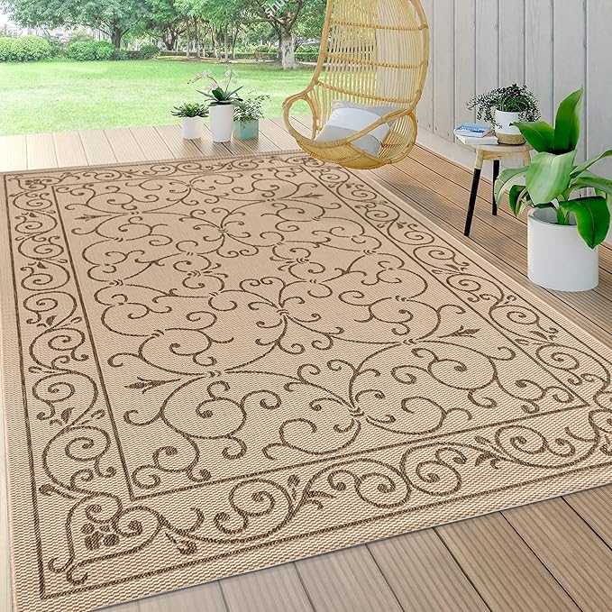JONATHAN Y Vintage Filigree Indoor Outdoor Area Rug 10X14 Beige/Brown, Charleston Textured Weave for Backyard, Patio, Porch, Easy-Cleaning, High Traffic, Pet-Friendly, Non-Shedding (SMB106A-14)