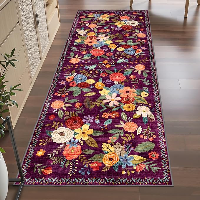 Rug for Hallways Kitchen Rug 3x7, Non Slip Washable Rugs with Rubber Backing Soft Floral Carpet Runner for Hallways, Kitchen, Laundry, Bedroom, Bathroom(3 x 7, Purple Lawn)
