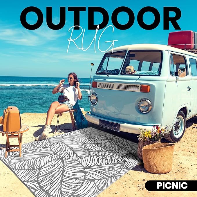 Utopia Home Waterproof Outdoor Rug for Patio 6 x 9 ft, Reversible Plastic Straw Mat for Camping, Picnics, Balcony, Patio, Leaves - GRET & White