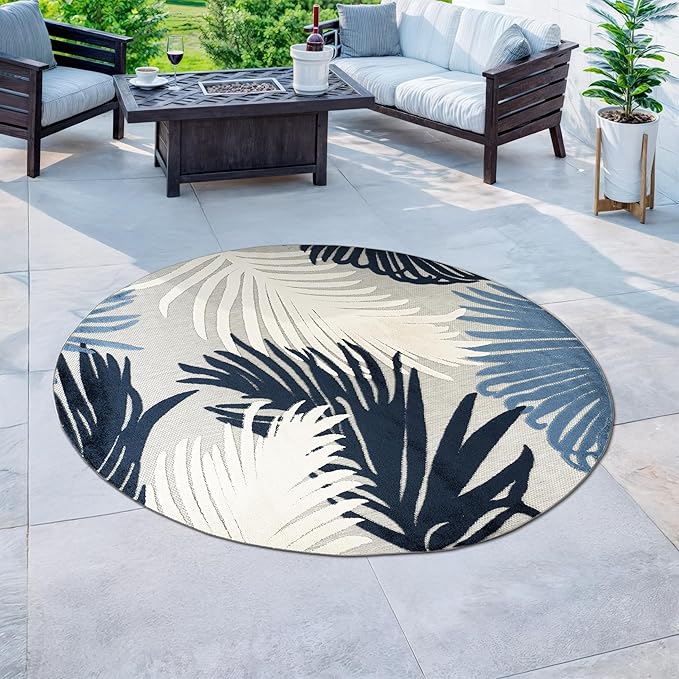 Rugshop Navy Lucca Contemporary Floral Indoor/Outdoor Round Area Rug Durable Polypropylene, Weather Resistant, Easy to Clean Perfect for Patio, Backyard, Deck and Outdoor Lounge 8' Round