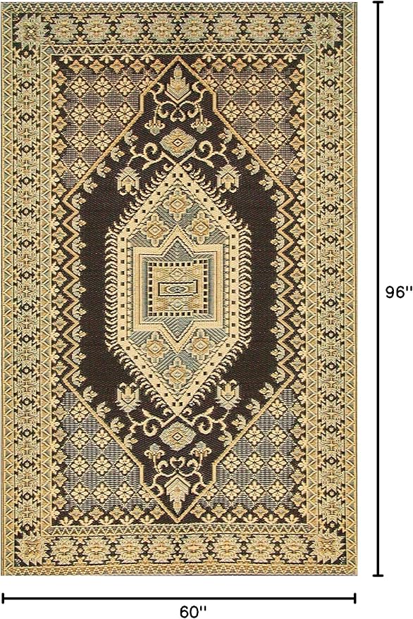 Mad Mats Traditional Outdoor Rug, Reversible Plastic Mat (6' x 9', Oriental Turkish - Black/Brown) for Patio, Porch, Poolside, Mudroom, Camping, RV, Deck