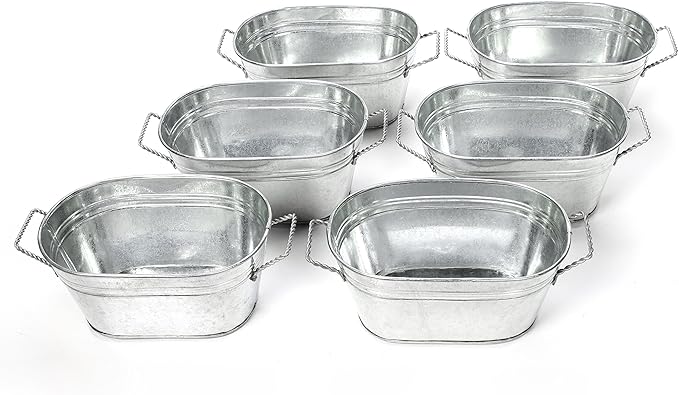 Hosley Set of 6 Oval Galvanized Planter Floral Pot 7.5 Inch Long 3.5 Inch High. Ideal Gift for Floral Arrangements Wedding House Warming Home Office Party and for DIY Garden Patio O4