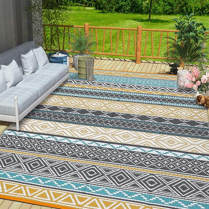 GarveeLife Extra Large Waterproof Outdoor Rug 10x20 UV Resistant Reversible Plastic Straw Rug Modern Geometric Outdoor Patio Rugs for Balcony Backyard, Teal & Yellow