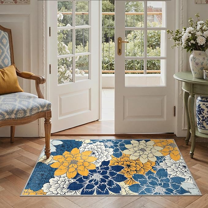 GENIMO Indoor Outdoor Area Rug for Entryway, 3'x5' Entry Rugs Door Mat, Machine Washable, Waterproof, Non-Slip, Easy Cleaning, Floral Outdoor Carpet for Patio Balcony Bedroom Kitchen Deck, Navy Blue