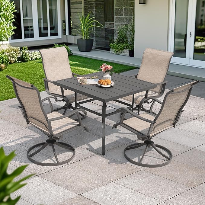 NUU GARDEN Patio Swivel Chairs Set of 4, Outdoor Dining Chairs with Armrests, Swivel Textilene Patio Dining Chair for All Weather, with Metal Frame, for Garden, Backyard, Deck, Poolside, Beige