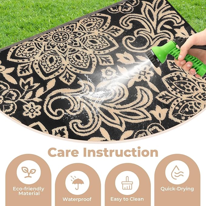 Findosom Waterproof Outdoor Rug 5' x 8' - Reversible Mandala Outdoor Plastic Straw Rug, Durable Foldable Patio Rug for RV, Deck, Balcony, Backyard, Picnic, Porch, Camping, Beach, Black