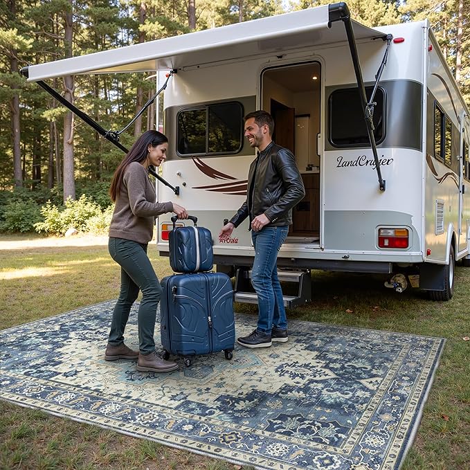 GENIMO Outdoor & Indoor Area Rug 6'x9', Waterproof, Non-Shedding, Easy Cleaning, Boho Mat for Patio, Living Room, Balcony, Dining Room, RV, Deck, Bedroom, Camping, Outside Carpet,Center Blue