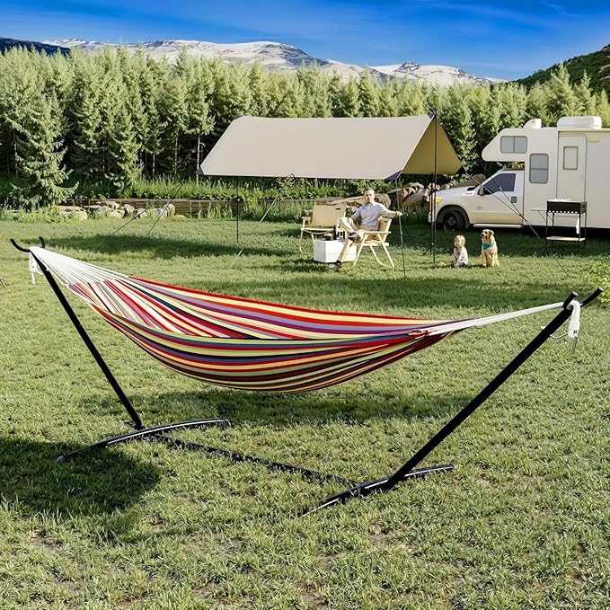 Double Hammock with Stand, 2 Person Portable Foldable Outdoor Hammock, 450lb Capacity Heavy-Duty Hammock for Garden, Patio, Backyard, Yellow Rainbow Stripes