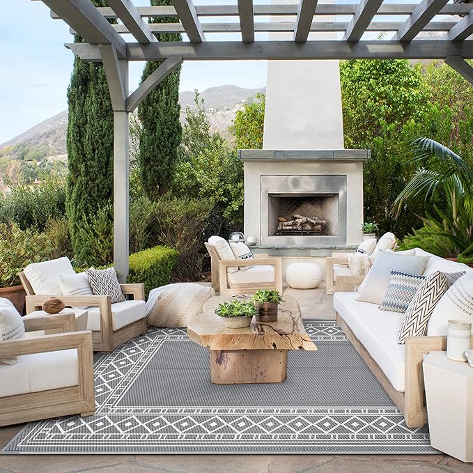 GENIMO Outdoor Rug Waterproof for Patio Decor, 5'x8' Reversible Plastic Straw Area Carpet, Camping Outside Mat for Outdoor, RV, Deck, Camper, Balcony,Picnic Grey & White