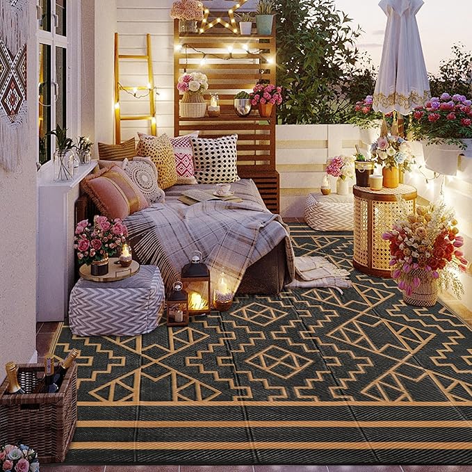 SAND MINE Reversible Mats, Plastic Straw Rug, Modern Area Rug, Large Floor Mat and Rug for Outdoors, RV, Patio, Backyard, Deck, Picnic, Beach, Trailer, Camping (6' x 9', Black & Brown)