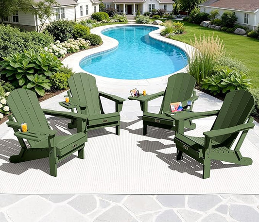 SERWALL Folding Adirondack Chair Set of 4, Outdoor Adirondack Chairs with 4 in 1 Cup Holder, Wood Texture Patio Chairs, Weather Resistant Fire Pit Chairs for Patio Deck Garden, Backyard Deck - Army