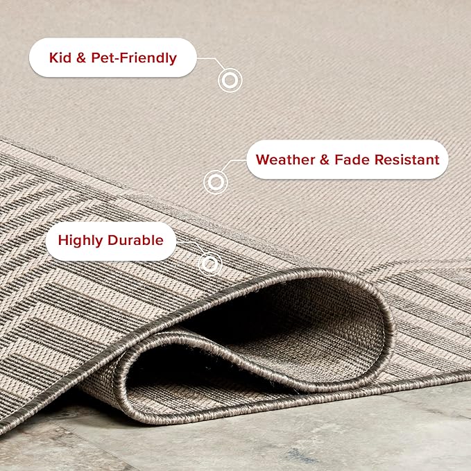 Nuloom Asha Light Grey/Ivory, 9'6" x 12', Casual, Striped Border, Soft and Cozy, High Traffic, Stain Resistant, Easy Clean, Durable Area Rug for Indoor/Outdoor Patio, Deck, Porch, Garden, Courtyard