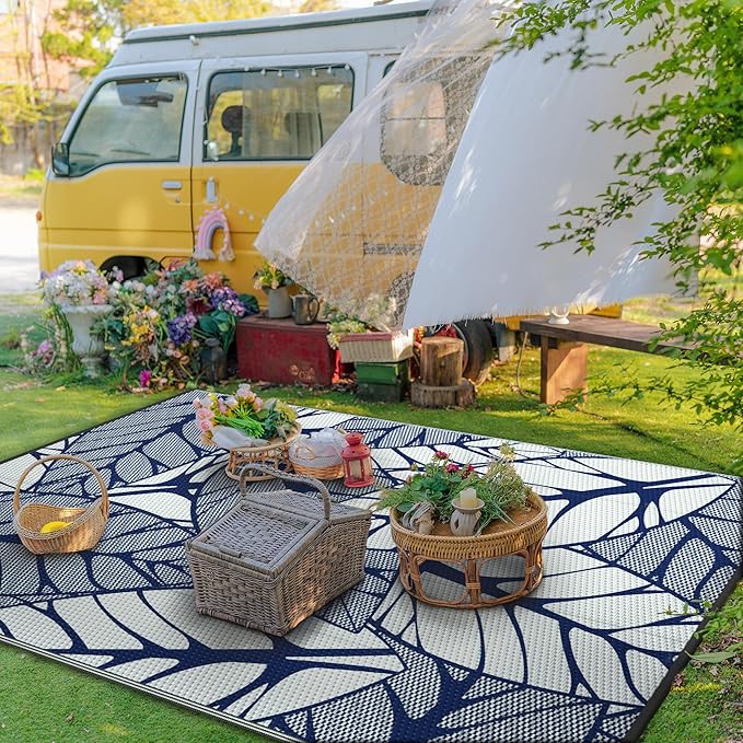 GENIMO Outdoor Rug 6' x 9' Waterproof for Patio Clearance, Reversible Plastic Straw Camping Carpet, Lightweight Mat for Rv, Camper, Deck, Porch, Picnic, Balcony, Beach, F.Blue & White