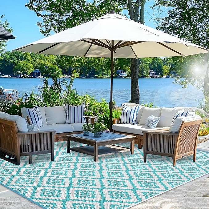 Wallona Outdoor Rugs 9x12 ft Patio Waterproof Clearance Indoor Outdoor Large Carpet for Patio Plastic Straw Reversible Area Rugs Mat for RV, Camping, Balcony, Beach, Picnic, Porch, Brick Teal & White