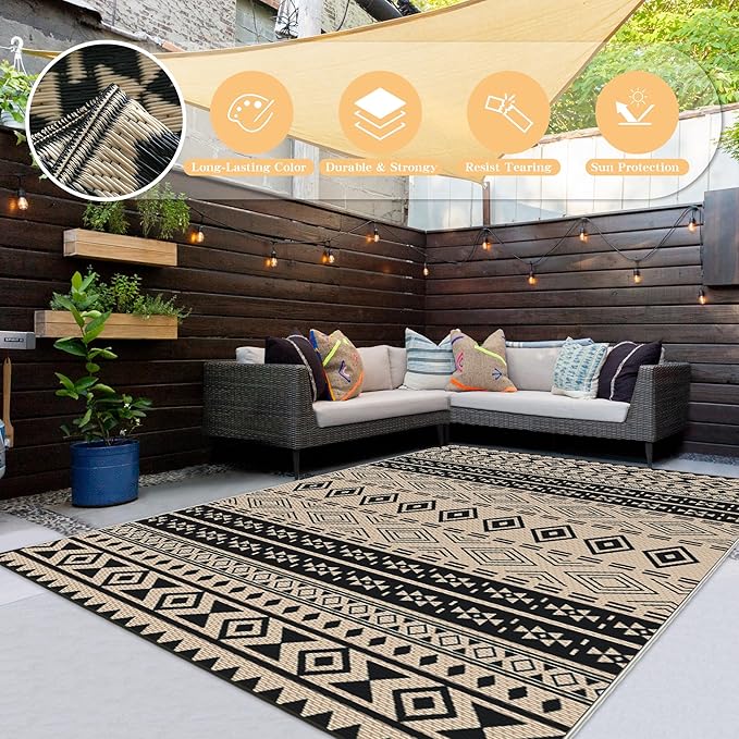 Wallona Outdoor Rugs 9x12 ft Patio Waterproof Clearance Indoor Outdoor Large Carpet for Patio Plastic Straw Reversible Area Rugs Mat for RV, Camping, Balcony, Beach, Picnic, Porch, Boho Black & Beige