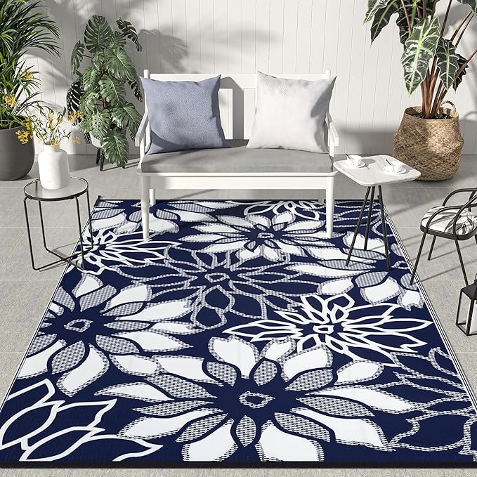 GENIMO Outdoor Rug Waterproof for Patio Decor, 5' x 8' Reversible Plastic Straw Floral Camping Carpet, Large Area Rugs Mats for RV, Camper, Deck, Balcony, Porch, Beach, Picnic, Blue & White