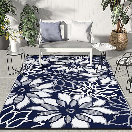 GENIMO Outdoor Rug Waterproof for Patio Decor, 5' x 8' Reversible Plastic Straw Floral Camping Carpet, Large Area Rugs Mats for RV, Camper, Deck, Balcony, Porch, Beach, Picnic, Blue & White
