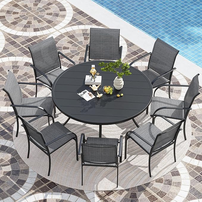 VICLLAX Patio Stackable Dining Chairs Set for 8, Outdoor Sling Chairs with Metal Frame for Front Porch Balcony Backyard Garden and Deck, Black Grey