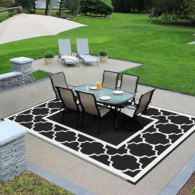 GENIMO 9 ' x 12 ' Outdoor Rug for Patio Clearance, Waterproof Indoor Outdoor Plastic Straw Rugs Carpet, Reversible Outside Area Rv Mat for Camping, Balcony Porch, Deck, Picnic, Beach (Black & White)
