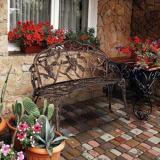 Bonnlo 2 Seater Garden Bench Outdoor Bench Furniture Patio Bench Seating Park Patio Seat Cast Iron Cast Aluminium Frame Antique Finish Chair