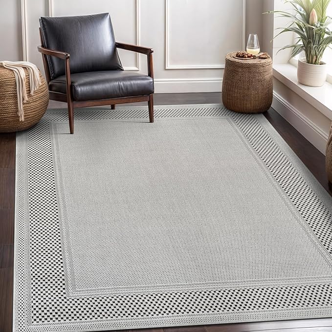 CAMILSON Easy Jute Rug 9x12, Indoor Outdoor Off-White Color Fiber Area Rugs for Living Room Patio and Dining Room Rug, Bordered Boho Woven Design, Easy-Cleaning, Washable Outside Carpet (9 x 12)