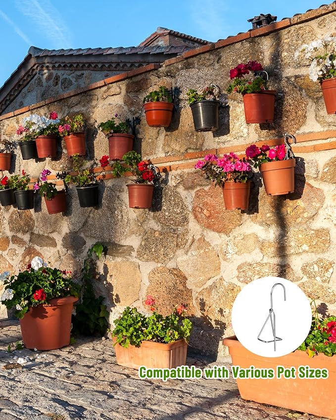 10 Packs Terracotta Pots Hanger Hooks,Sturdy Thick Stainless Steel Plant Hanger,Flower Pot Holders for Clay Pots,Wall and Fence Mounted Plant Holder,Terra Cotta Pot Hanging Holders(Side Hang,10Pack)
