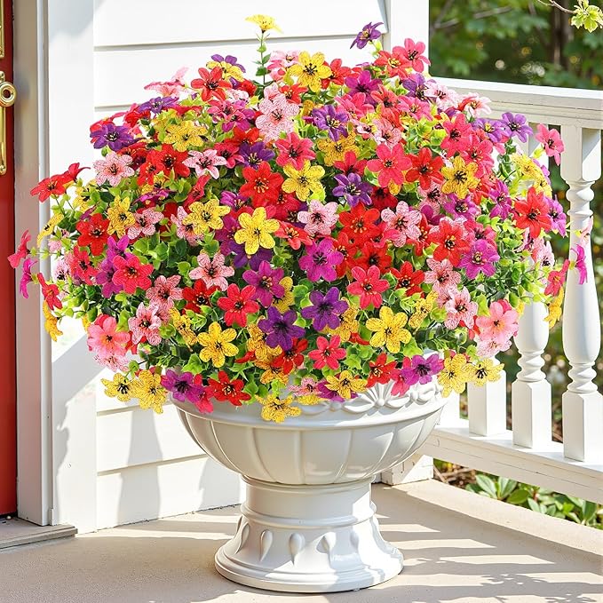 SHareconn 24 Bundles Artificial Flowers for Outdoors Spring Decoration, Fake Silk Realistic Faux Plants UV Resistant for Outside Planter Porch Patio Indoor Decor, RedRosePurpleYellowPinkDeeppurple