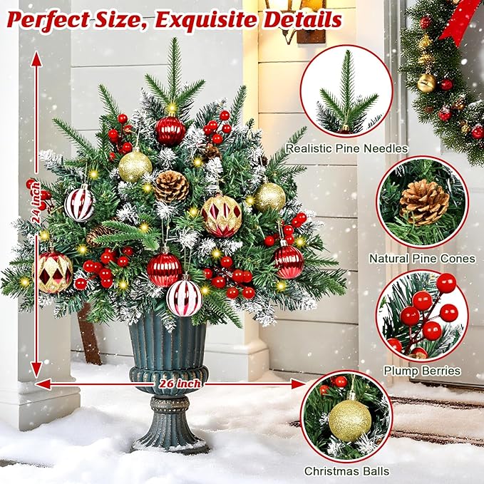2 Pack Christmas Urn Filler, 24" Prelit Planter Bushes Outdoor Christmas Tree with 50 LED Lights, Pine Cones, Red Berries & Christmas Balls for Front Porch Pathway Yard Decorations