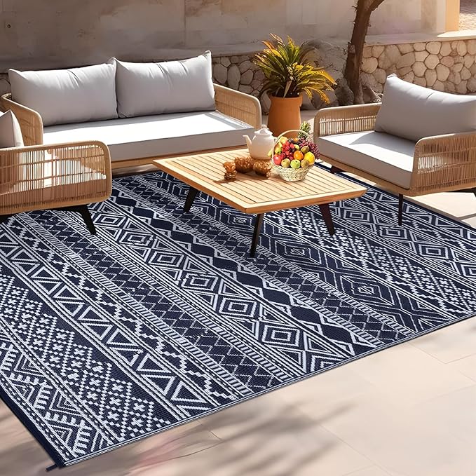 GarveeLife Outdoor Plastic Straw Rug 9x12 Waterproof UV Resistant Patio Rug Lightweight Floor Mat for Camping, Picnic, Backyard, RV, Beach, Picnic, Dark Blue & White