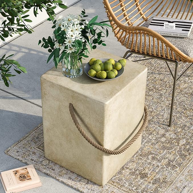 SUNBURY Outdoor Side Table Set of 2, 2 Pieces Concrete Side Table for Patio,18"H Small Outdoor Accent Table w Hemp Rope, Patio Side Table End Table Warm Gray, Ceramic Side Table Garden Stool Log Table