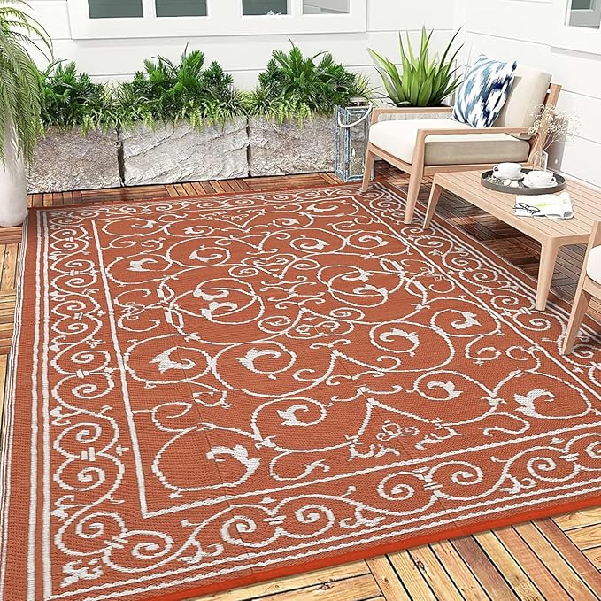 MilleLoomi Waterproof Plastic Straw Outdoor Rug 9x18 Patio Reversible UV Resistant Foldable Camping Carpet Vintage Large Outdoor Rugs for Deck, Picnic, Porch, Camper, Balcony, Beach，Orange