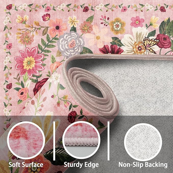 Rug for Hallways Kitchen Rug 2'6" x 14', Non Slip Washable Rugs with Rubber Backing Soft Floral Carpet Runner for Hallways, Kitchen, Laundry, Bedroom, Bathroom(2.6 x 14, Pink Garden)