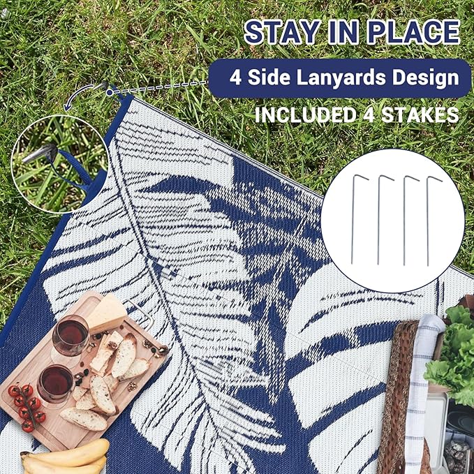 COZYLOOM Outdoor Patio Rug 8x10 Waterproof Plastic Straw Rug Reversible UV Resistant Camping Mat, Foldable Lightweight RV Picnic Mat with Portable Bag, Modern Outdoor Carpet for Yard, Blue